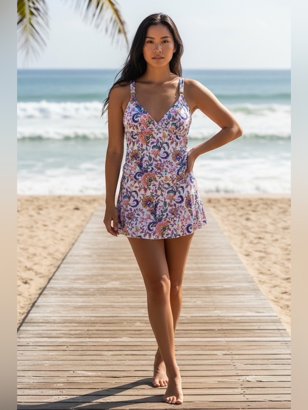 🌼💚New Nicole Miller Floral Two-Piece Tankini Set in Pink & Purple - Picture 2 of 10